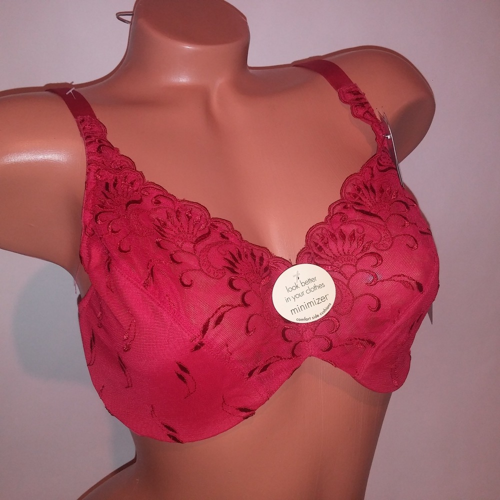 Lilyette Bra 38C Red Sheer Embroidered Minimizer Underwire New